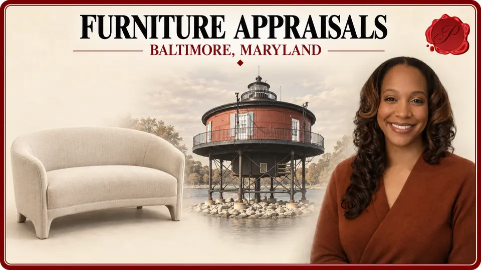 Furniture Appraisals card with a curved cream upholstered sofa, an appraiser portrait and Seven Foot Knoll Lighthouse in Baltimore, Maryland.