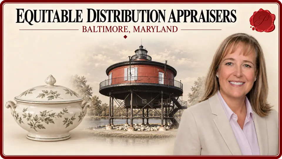 Equitable Distribution Appraisers card with a lidded botanical ceramic tureen, an appraiser portrait and Seven Foot Knoll Lighthouse in Baltimore, Maryland.