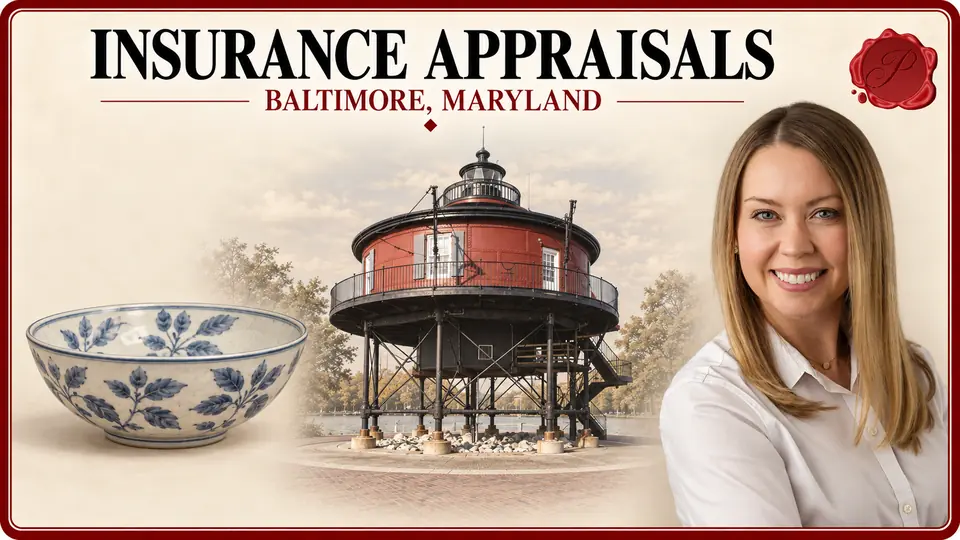 Insurance Appraisals card with a blue-and-white botanical ceramic bowl, an appraiser portrait and Seven Foot Knoll Lighthouse in Baltimore, Maryland.