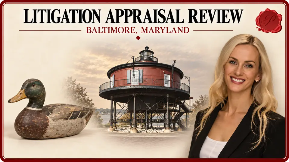 Litigation Appraisal Review card with a carved wooden duck decoy, an appraiser portrait and Seven Foot Knoll Lighthouse in Baltimore, Maryland.