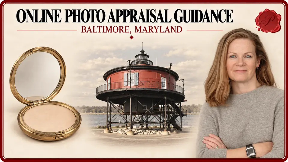 Online Photo Appraisal Guidance card with an open round brass powder compact, an appraiser portrait and Seven Foot Knoll Lighthouse in Baltimore, Maryland.