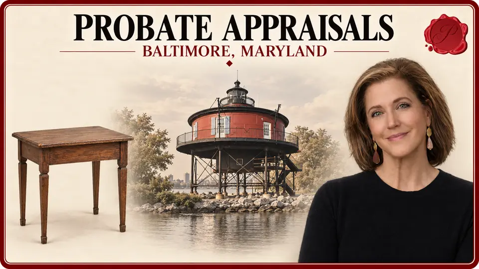 Probate Appraisals card with a small wooden side table, an appraiser portrait and Seven Foot Knoll Lighthouse in Baltimore, Maryland.