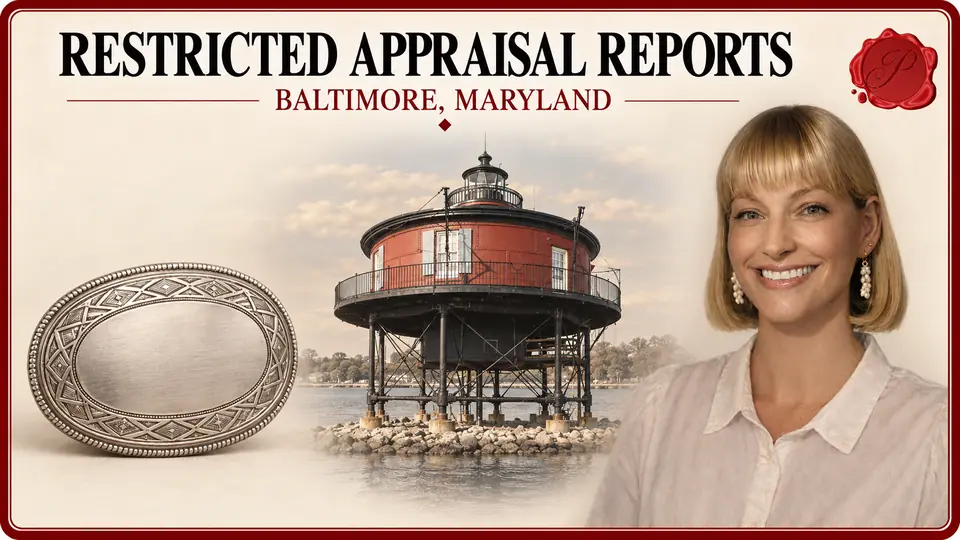 Restricted Appraisal Reports card with an oval silver belt buckle with neutral geometric decoration, an appraiser portrait and Seven Foot Knoll Lighthouse in Baltimore, Maryland.