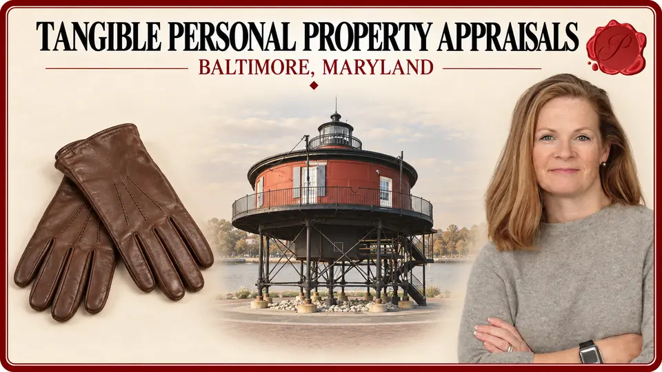 Tangible Personal Property Appraisals card with a pair of brown leather gloves, an appraiser portrait and Seven Foot Knoll Lighthouse in Baltimore, Maryland.