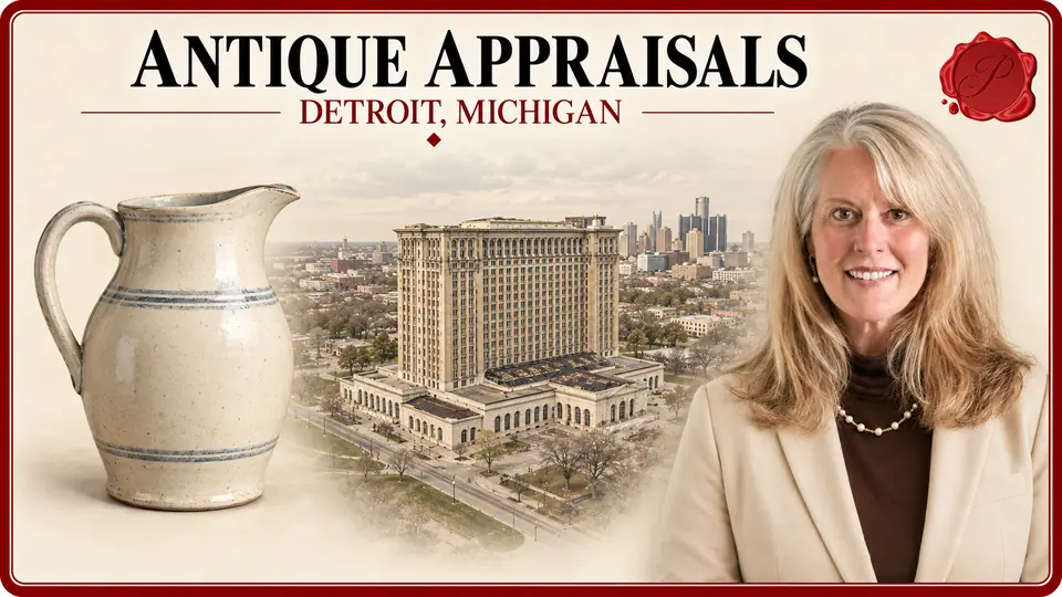 Antique Appraisals card with a cream stoneware pitcher with blue horizontal bands, an appraiser portrait and Michigan Central Station in Detroit, Michigan.