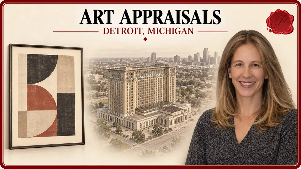 Art Appraisals card with a framed abstract geometric fine art print in muted black, rust and cream, an appraiser portrait and Michigan Central Station in Detroit, Michigan.