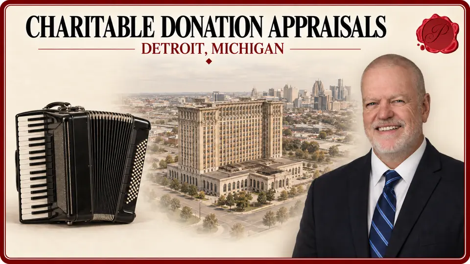 Charitable Donation Appraisals card with a black piano accordion, an appraiser portrait and Michigan Central Station in Detroit, Michigan.