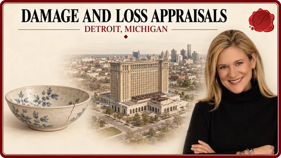 Damage and Loss Appraisals card with a cream ceramic bowl with blue flowers and a visible crack, an appraiser portrait and Michigan Central Station in Detroit, Michigan.