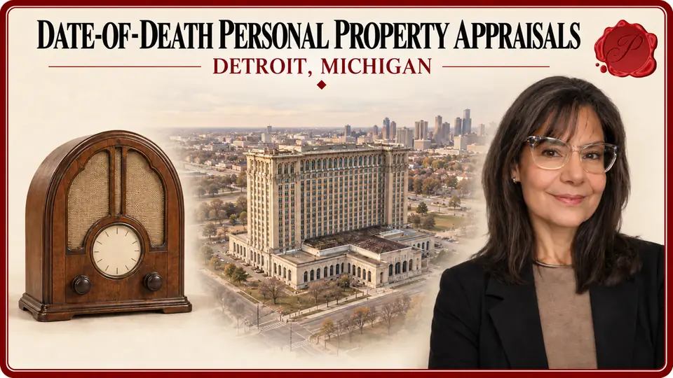 Date-of-Death Personal Property Appraisals card with a vintage wooden tabletop radio, an appraiser portrait and Michigan Central Station in Detroit, Michigan.