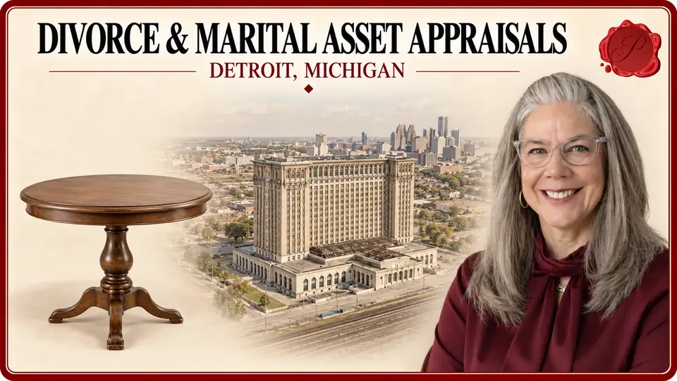 Divorce & Marital Asset Appraisals card with a round walnut pedestal table, an appraiser portrait and Michigan Central Station in Detroit, Michigan.
