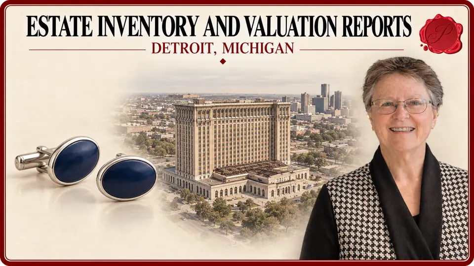 Estate Inventory and Valuation Reports card with a pair of silver cufflinks with blue centers, an appraiser portrait and Michigan Central Station in Detroit, Michigan.
