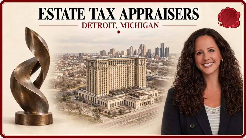 Estate Tax Appraisers card with an abstract bronze sculpture, an appraiser portrait and Michigan Central Station in Detroit, Michigan.