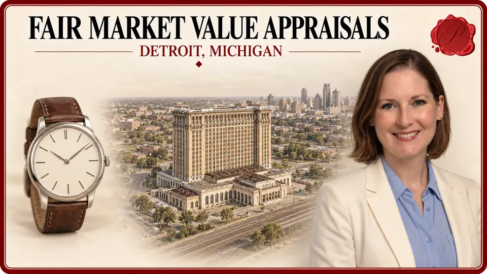 Fair Market Value Appraisals card with a steel wristwatch with a brown leather band, an appraiser portrait and Michigan Central Station in Detroit, Michigan.