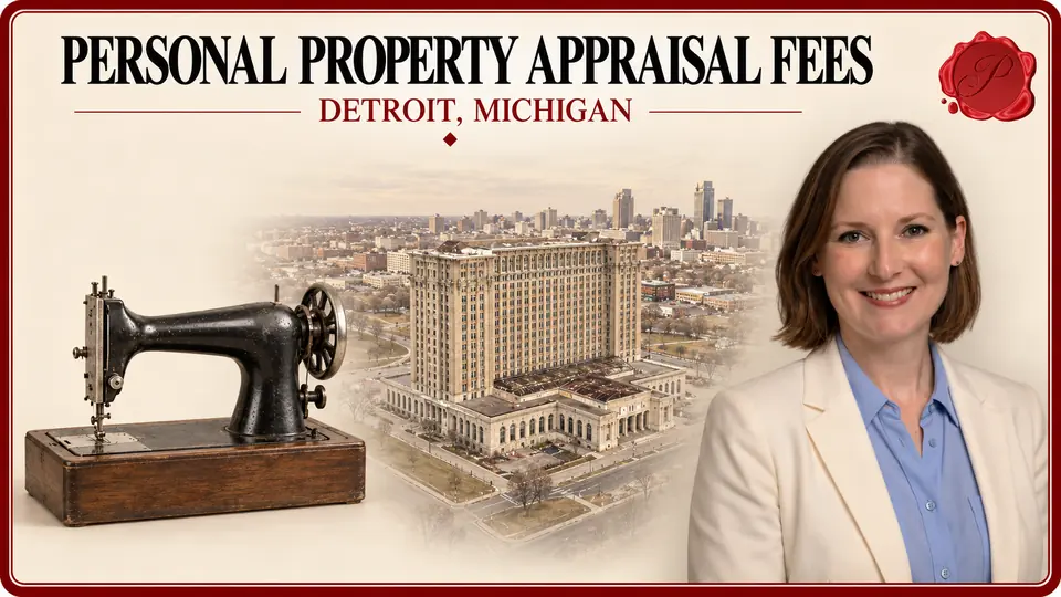 Personal Property Appraisal Fees card with a vintage black sewing machine on its integral wooden base, an appraiser portrait and Michigan Central Station in Detroit, Michigan.