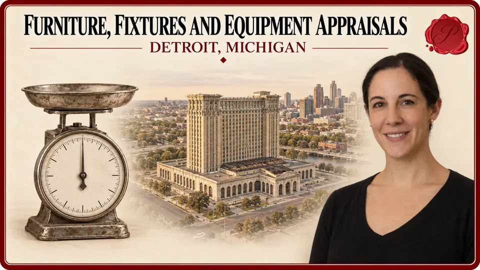 Furniture, Fixtures and Equipment Appraisals card with a weathered mechanical bench scale with shallow metal pan and an unnumbered circular dial, an appraiser portrait and Michigan Central Station in Detroit, Michigan.