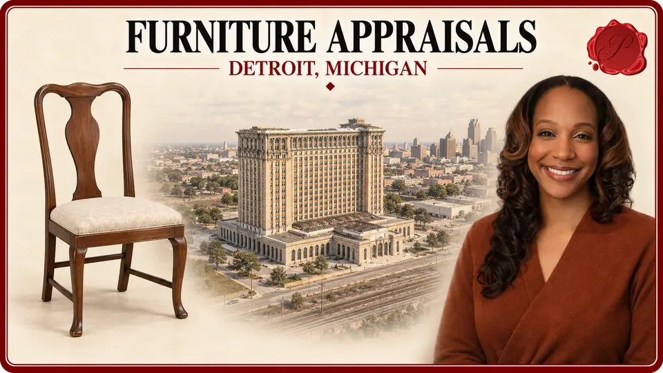 Furniture Appraisals card with a wooden side chair with a shaped back splat and cream upholstered seat, an appraiser portrait and Michigan Central Station in Detroit, Michigan.