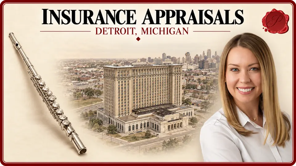 Insurance Appraisals card with a silver flute, an appraiser portrait and Michigan Central Station in Detroit, Michigan.