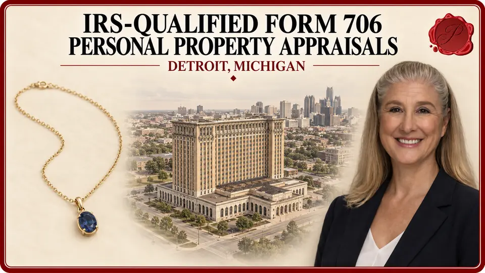 IRS-Qualified Form 706 Personal Property Appraisals card with a gold necklace with a blue pendant, an appraiser portrait and Michigan Central Station in Detroit, Michigan.