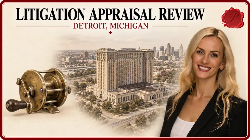 Litigation Appraisal Review card with a brass fishing reel, an appraiser portrait and Michigan Central Station in Detroit, Michigan.