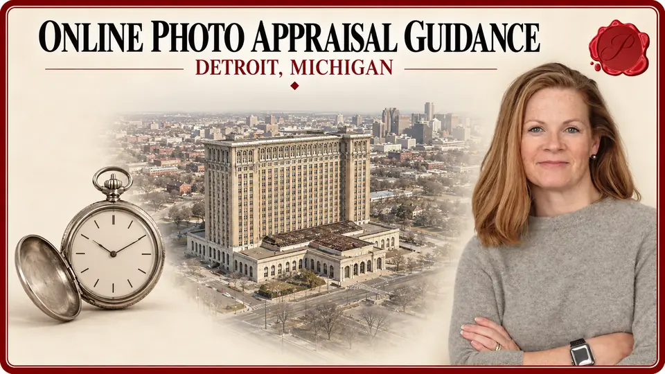 Online Photo Appraisal Guidance card with an open silver pocket watch with an unnumbered dial and integral hinged cover, an appraiser portrait and Michigan Central Station in Detroit, Michigan.