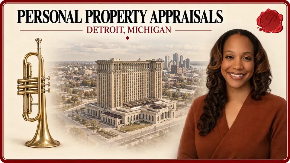 Personal Property Appraisals card with a brass trumpet, an appraiser portrait and Michigan Central Station in Detroit, Michigan.
