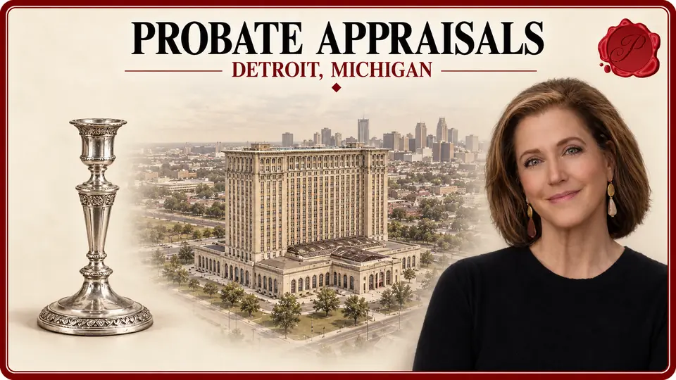 Probate Appraisals card with a silver candlestick, an appraiser portrait and Michigan Central Station in Detroit, Michigan.