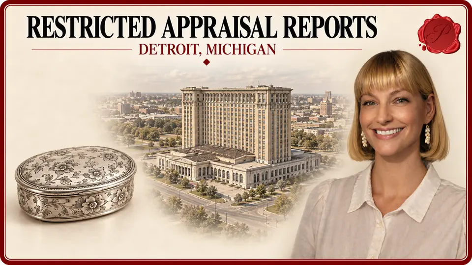 Restricted Appraisal Reports card with a silver oval snuff box with floral engraving, an appraiser portrait and Michigan Central Station in Detroit, Michigan.