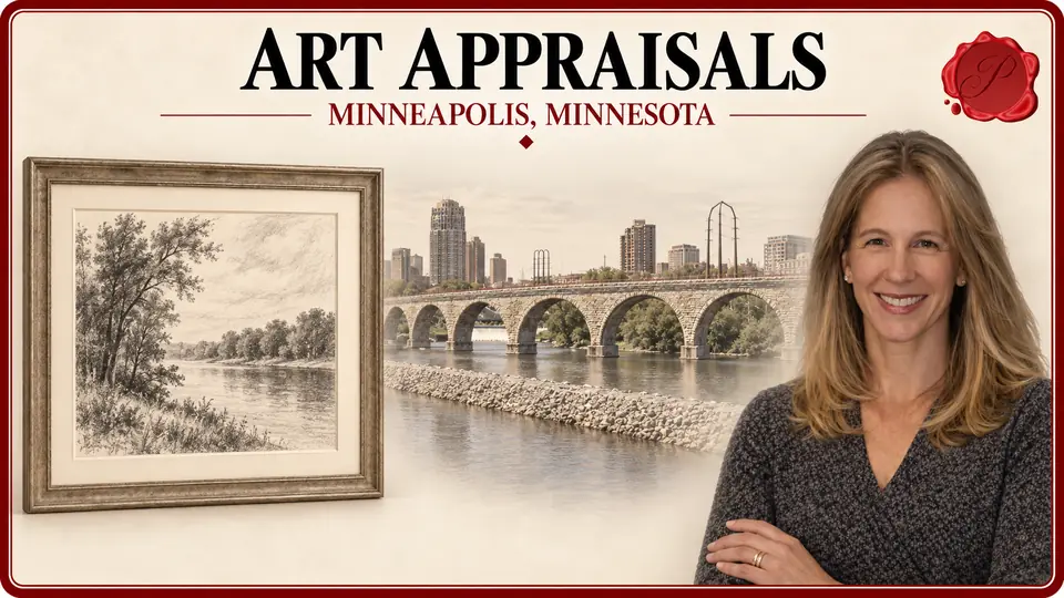 Art Appraisals in Minneapolis, Minnesota, with a framed unsigned charcoal landscape drawing, an appraiser portrait and Stone Arch Bridge.