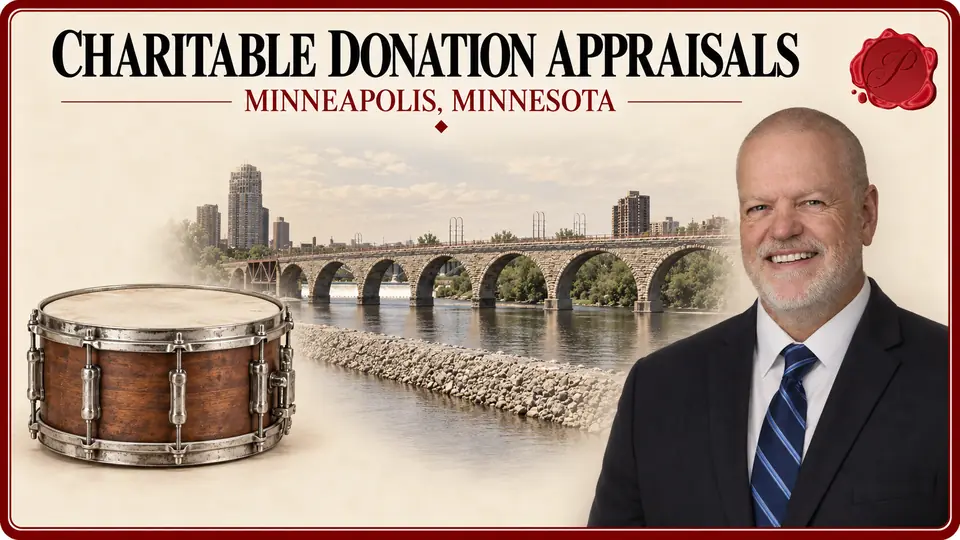 Charitable Donation Appraisals in Minneapolis, Minnesota, with a wooden snare drum with metal hardware, an appraiser portrait and Stone Arch Bridge.
