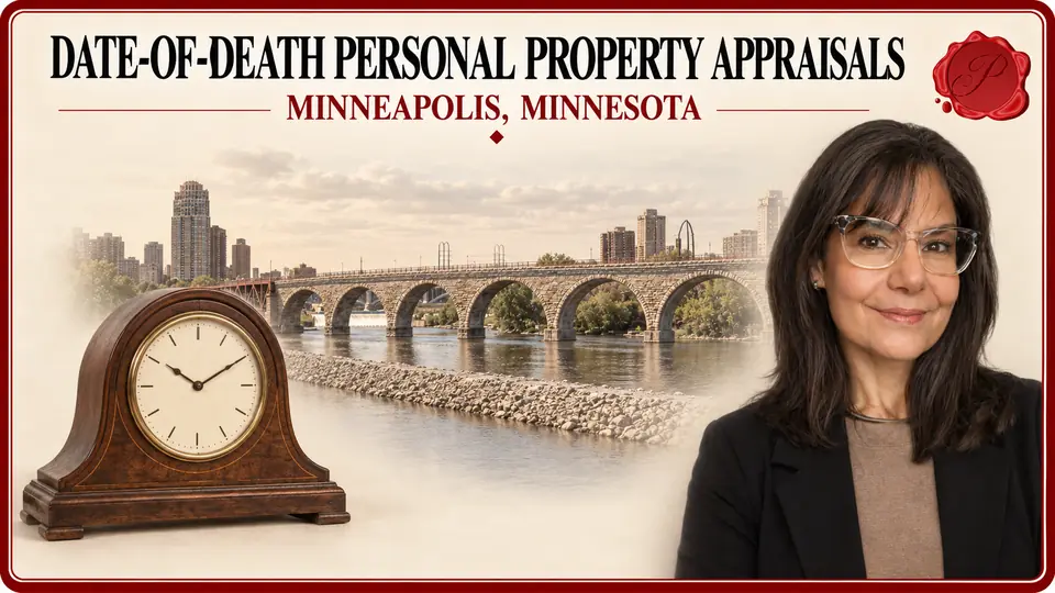 Date-of-Death Personal Property Appraisals in Minneapolis, Minnesota, with a wooden mantel clock with plain tick-mark dial, an appraiser portrait and Stone Arch Bridge.