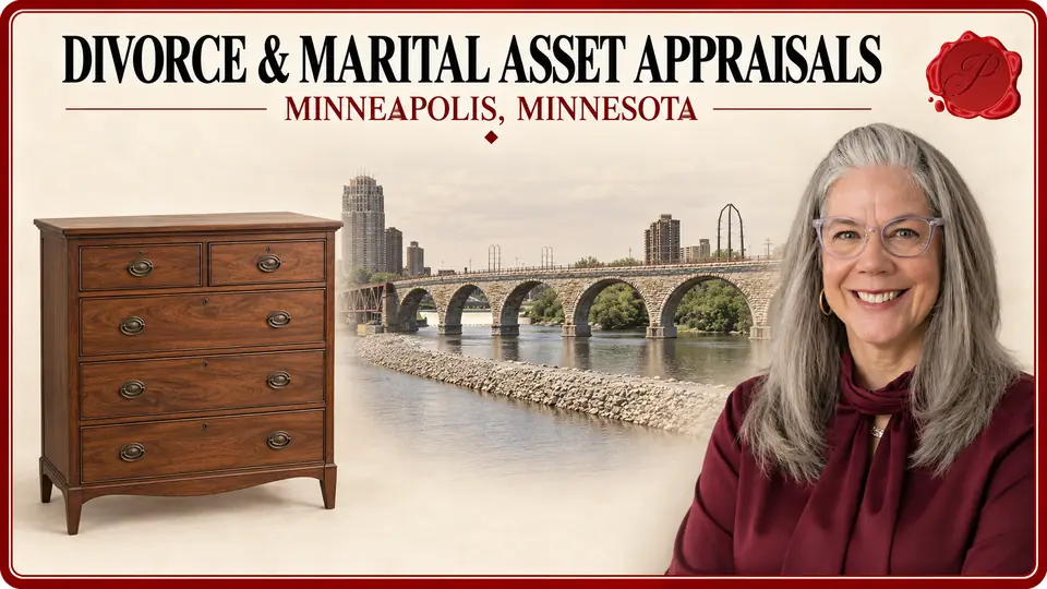 Divorce & Marital Asset Appraisals in Minneapolis, Minnesota, with a walnut chest of drawers, an appraiser portrait and Stone Arch Bridge.