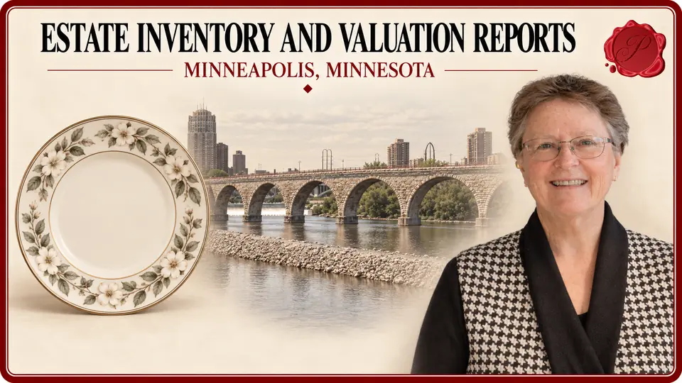 Estate Inventory and Valuation Reports in Minneapolis, Minnesota, with a porcelain plate with a botanical rim, an appraiser portrait and Stone Arch Bridge.