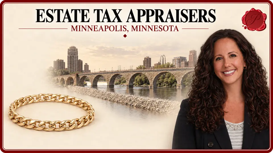 Estate Tax Appraisers in Minneapolis, Minnesota, with a gold link bracelet, an appraiser portrait and Stone Arch Bridge.