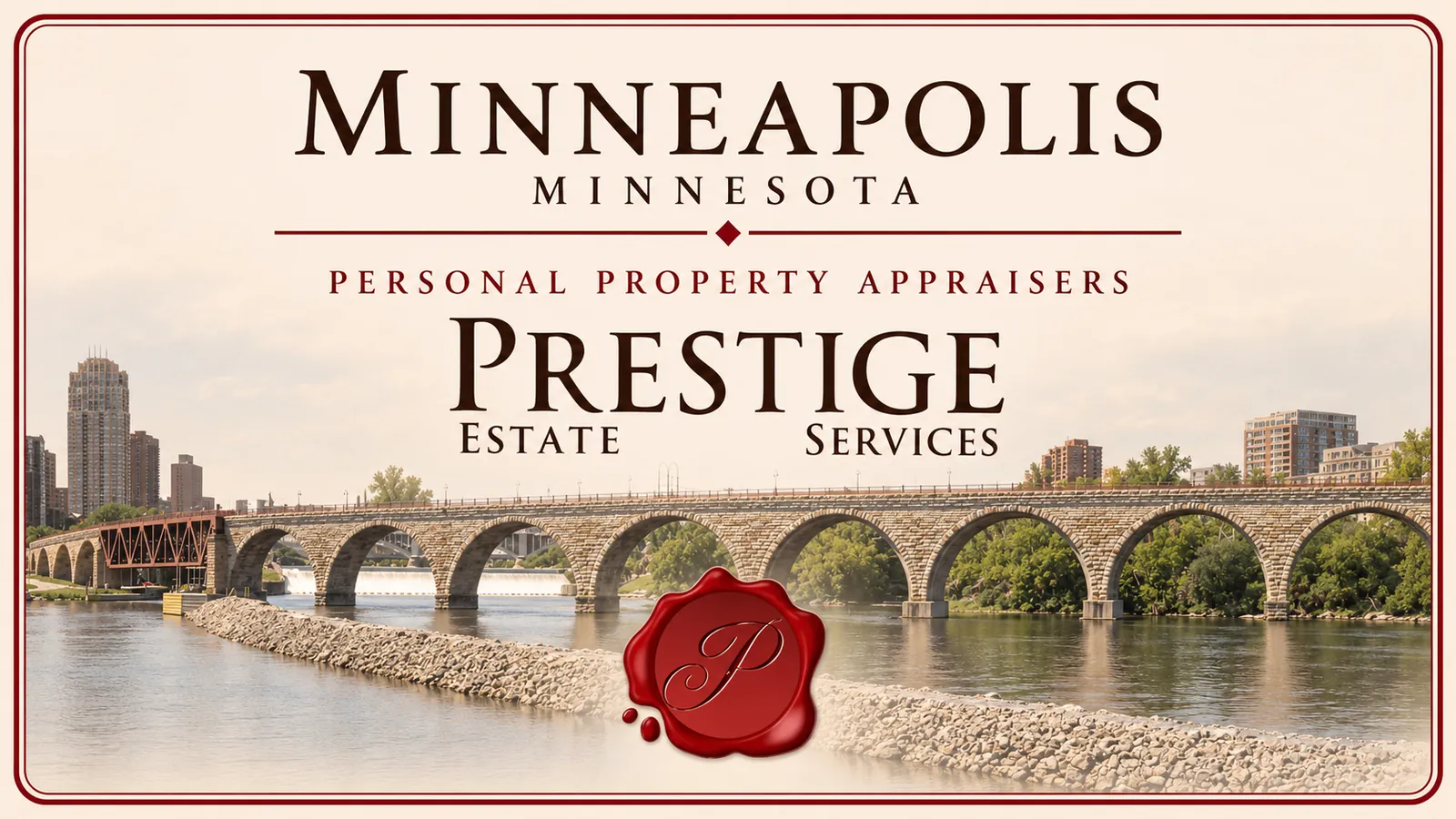 Minneapolis, Minnesota personal property appraisers card with Stone Arch Bridge stone arches across the Mississippi River.