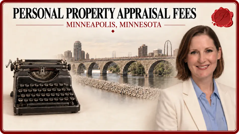 Personal Property Appraisal Fees in Minneapolis, Minnesota, with a black vintage typewriter with blank keys, an appraiser portrait and Stone Arch Bridge.