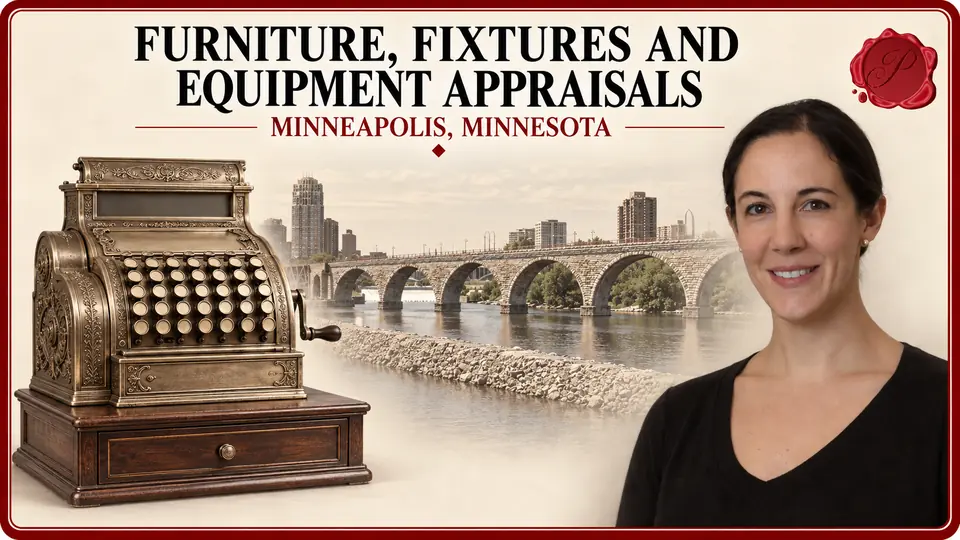 Furniture, Fixtures and Equipment Appraisals in Minneapolis, Minnesota, with an ornate brass cash register with blank keys and a wooden cash drawer, an appraiser portrait and Stone Arch Bridge.