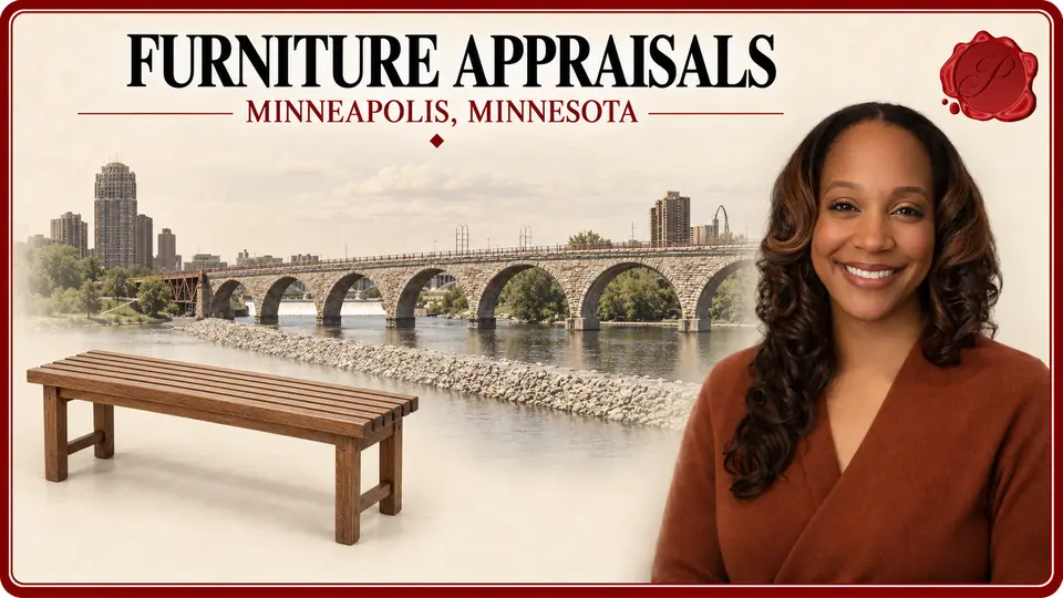 Furniture Appraisals in Minneapolis, Minnesota, with a wooden slatted bench, an appraiser portrait and Stone Arch Bridge.