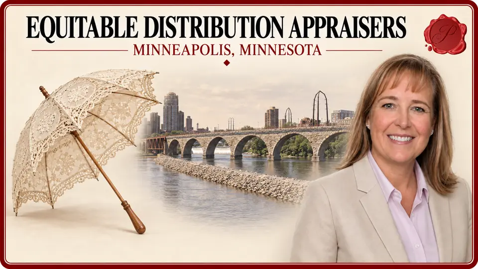 Equitable Distribution Appraisers in Minneapolis, Minnesota, with a cream lace parasol with wooden handle, an appraiser portrait and Stone Arch Bridge.