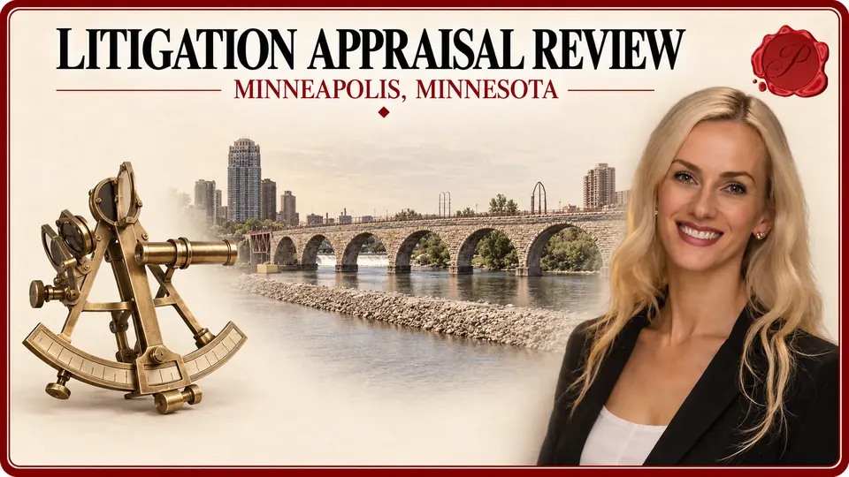 Litigation Appraisal Review in Minneapolis, Minnesota, with a brass sextant with unnumbered tick marks, an appraiser portrait and Stone Arch Bridge.