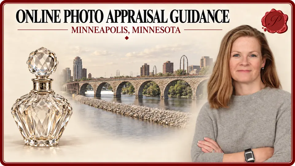 Online Photo Appraisal Guidance in Minneapolis, Minnesota, with a faceted clear glass perfume bottle with matching stopper, an appraiser portrait and Stone Arch Bridge.