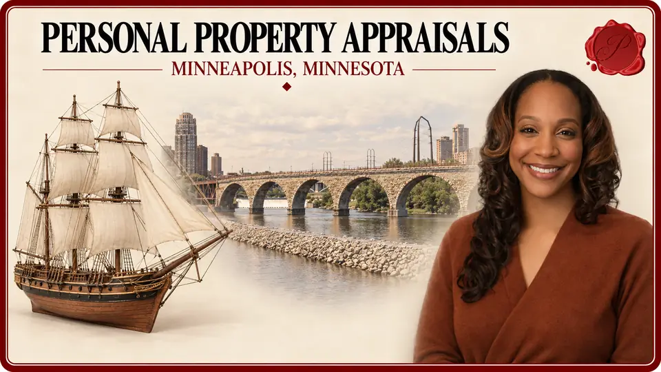 Personal Property Appraisals in Minneapolis, Minnesota, with a wooden sailing ship model with cream sails, an appraiser portrait and Stone Arch Bridge.