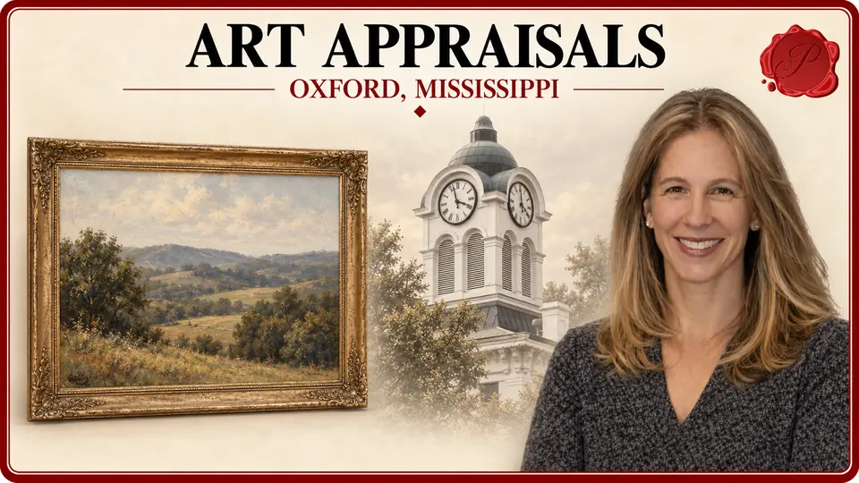 Art Appraisals in Oxford, Mississippi Art Appraisals card with framed landscape painting, an appraiser portrait and Oxford, Mississippi courthouse.