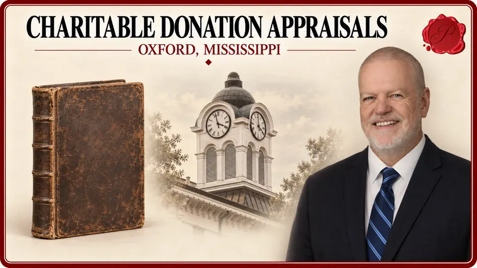 Charitable Donation Appraisals in Oxford, Mississippi Charitable Donation Appraisals card with closed leather-bound book, an appraiser portrait and Oxford, Mississippi courthouse.
