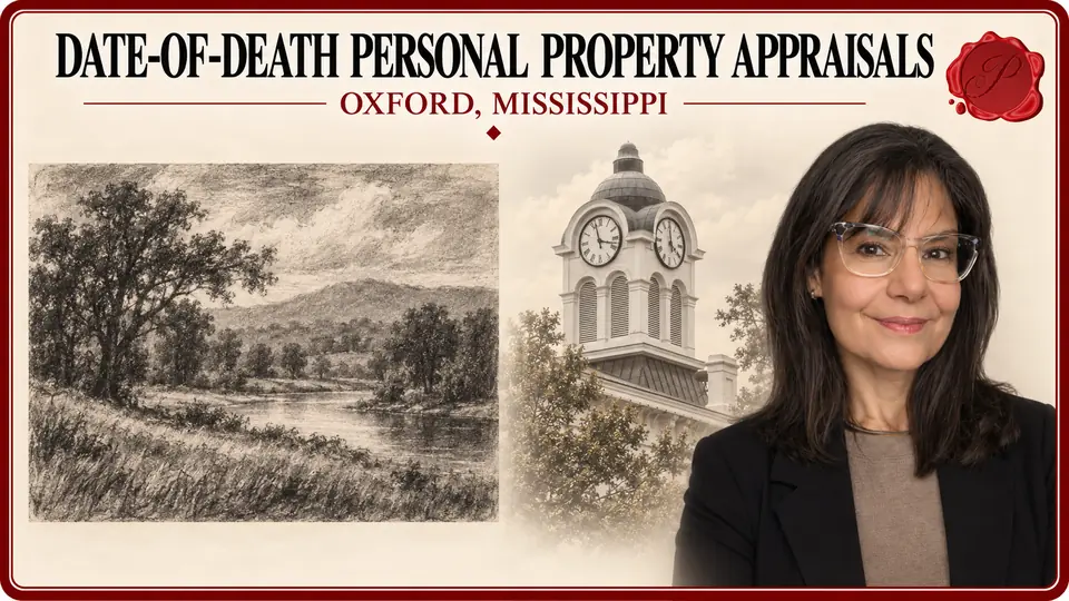 Date-of-Death Personal Property Appraisals in Oxford, Mississippi Date-of-Death Personal Property Appraisals card with black-and-white landscape drawing, an appraiser portrait and Oxford, Mississippi courthouse.