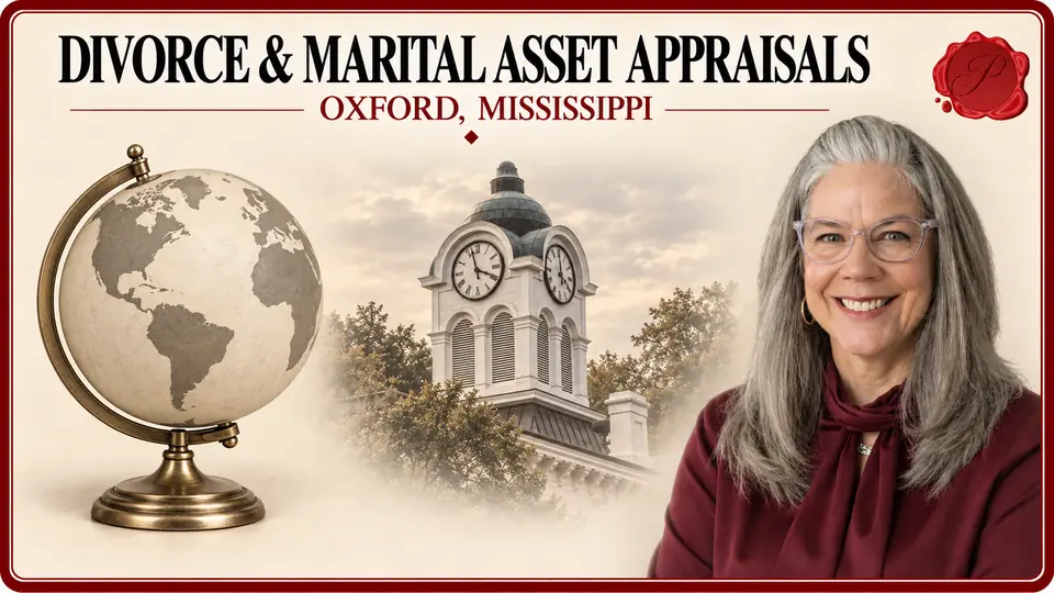 Divorce & Marital Asset Appraisals in Oxford, Mississippi Divorce & Marital Asset Appraisals card with unlabeled brass-mounted globe, an appraiser portrait and Oxford, Mississippi courthouse.