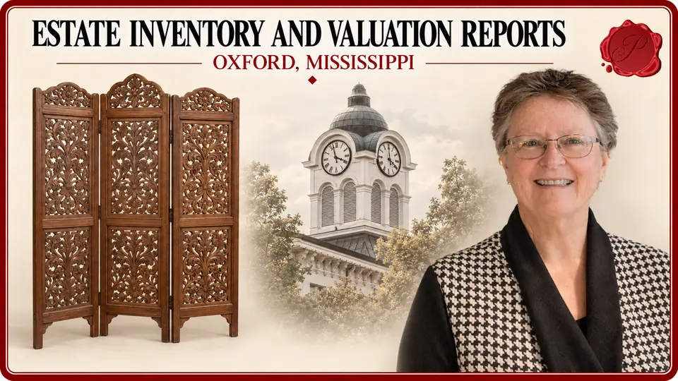 Estate Inventory and Valuation Reports in Oxford, Mississippi Estate Inventory and Valuation Reports card with carved three-panel room divider, an appraiser portrait and Oxford, Mississippi courthouse.
