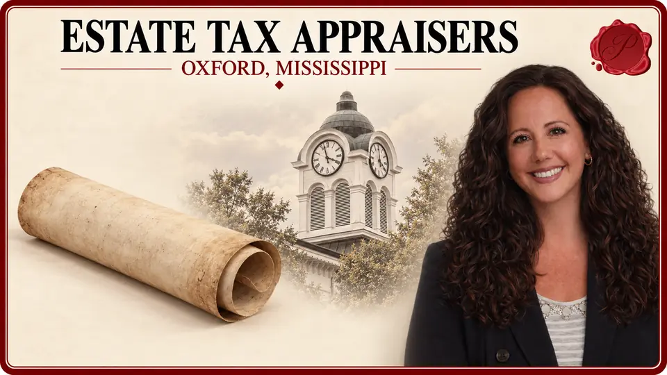 Estate Tax Appraisers in Oxford, Mississippi Estate Tax Appraisers card with rolled paper, an appraiser portrait and Oxford, Mississippi courthouse.