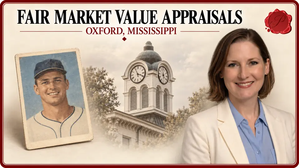 Fair Market Value Appraisals in Oxford, Mississippi Fair Market Value Appraisals card with unlettered baseball trading card, an appraiser portrait and Oxford, Mississippi courthouse.