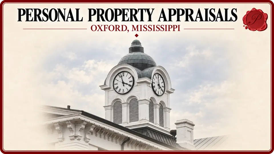 Personal Property Appraisals in Oxford, Mississippi Oxford courthouse tower in Oxford, Mississippi, on a Personal Property Appraisals card.
