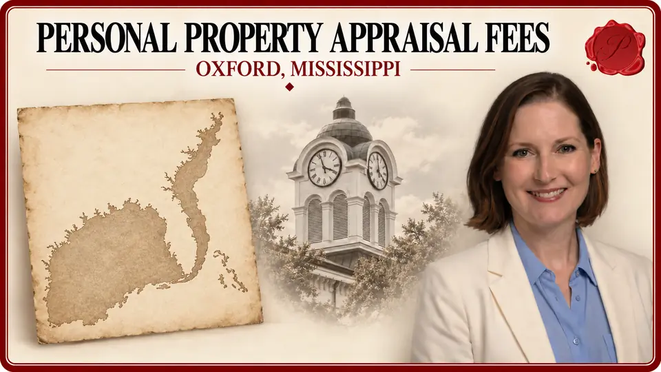 Personal Property Appraisal Fees in Oxford, Mississippi Personal Property Appraisal Fees card with unlabeled antique-style coastline map, an appraiser portrait and Oxford, Mississippi courthouse.